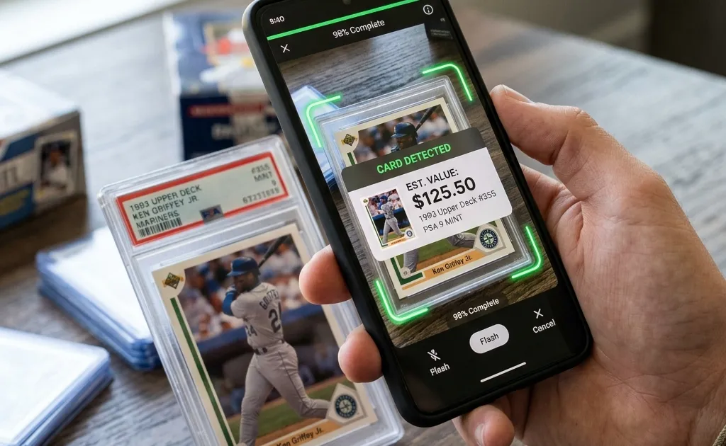 Smartphone displaying sports card scanner camera app scanning a card